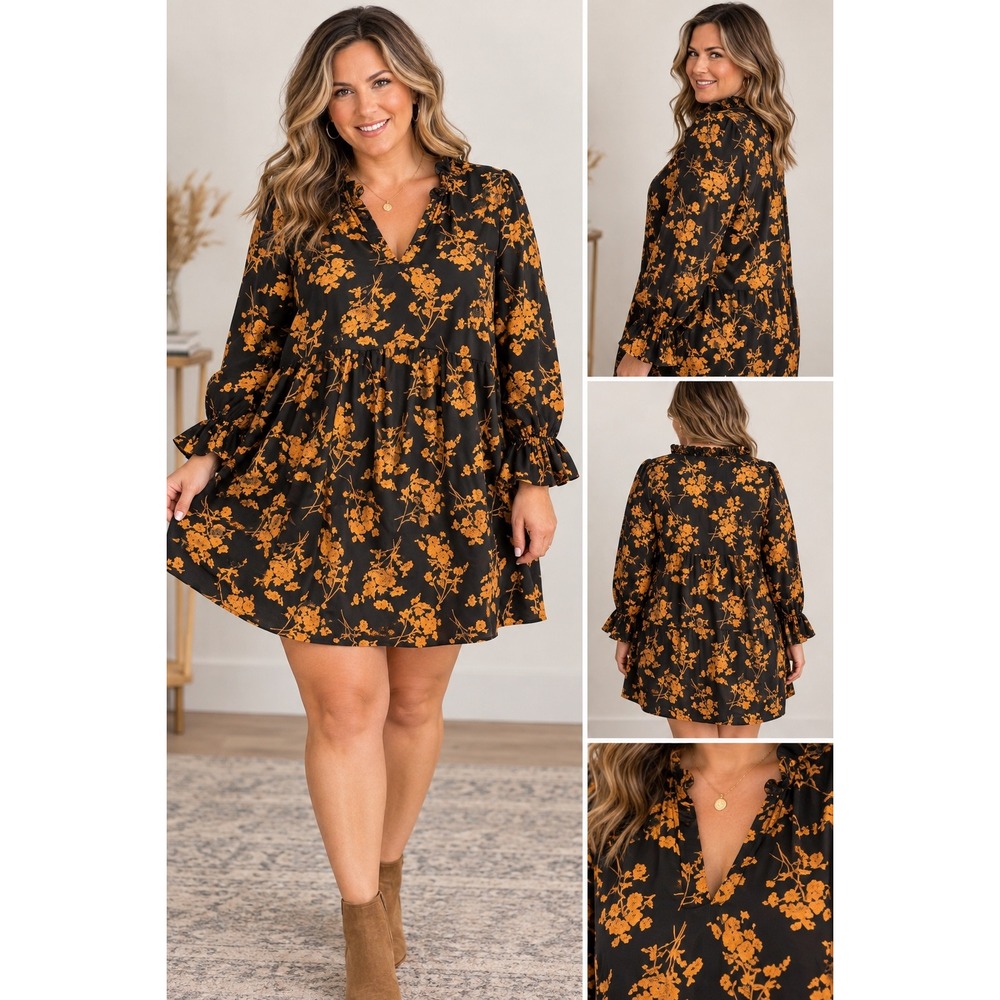 SHEIN Curve 1XL Black Orange Floral Babydoll Dress Ruffle Neck Long Sleeve